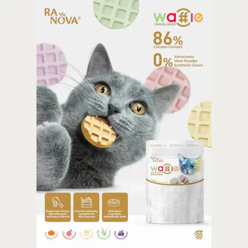 RANOVA Freeze Dried Meat Waffle For Cat 60g packaging with cat enjoying treat, showcasing 86% chicken content.