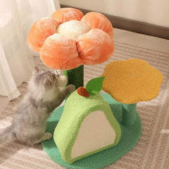 Floral cat tree with scratching post and plush flower, perfect for playful kittens and indoor cats