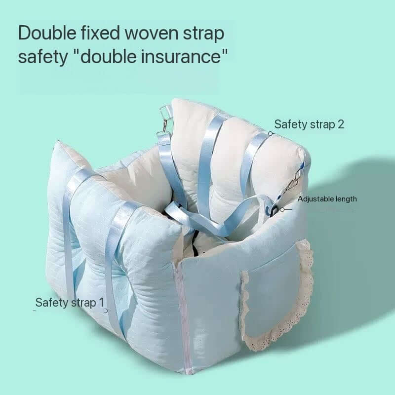 Sky Blue Dog Travel Car Seat - Safety Sofa for Dogs & Cats Under 10kg featuring double fixed woven straps.