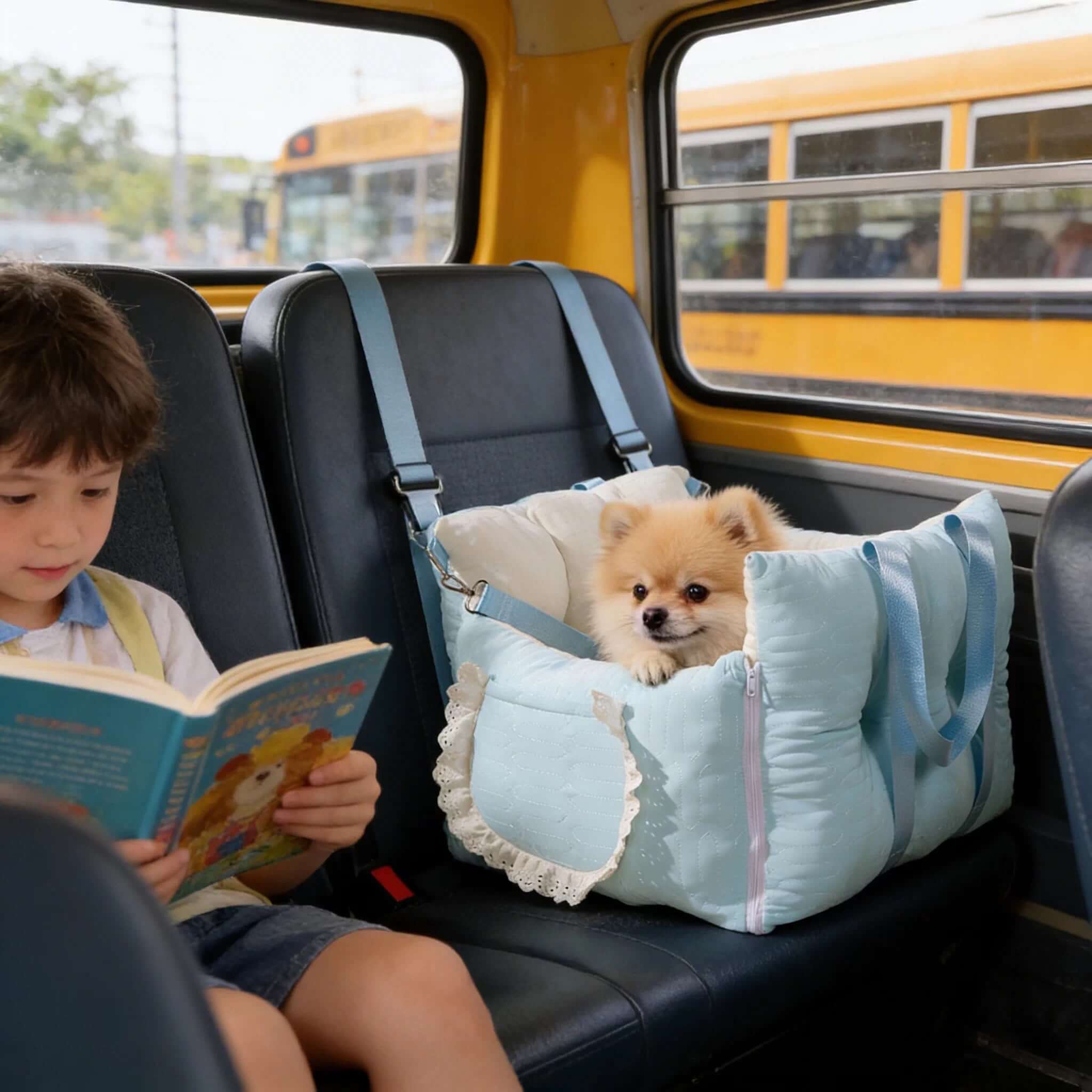 Sky Blue Dog Travel Car Seat - Safety Sofa for Dogs & Cats Under 10kg in public transport with child reading.
