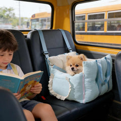 Sky Blue Dog Travel Car Seat - Safety Sofa for Dogs & Cats Under 10kg in public transport with child reading.