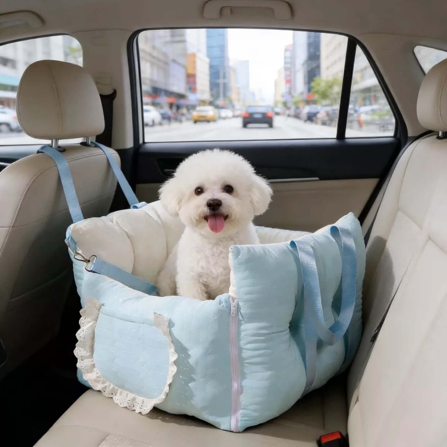 Sky Blue Dog Travel Car Seat - Safety Sofa for Dogs & Cats Under 10kg with a happy dog inside a car