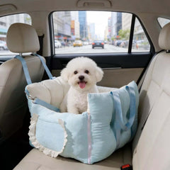 Sky Blue Dog Travel Car Seat - Safety Sofa for Dogs & Cats Under 10kg with a happy dog inside a car