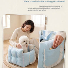 Sky Blue Dog Travel Car Seat - Safety Sofa for Dogs & Cats Under 10kg in use, providing comfort and security.