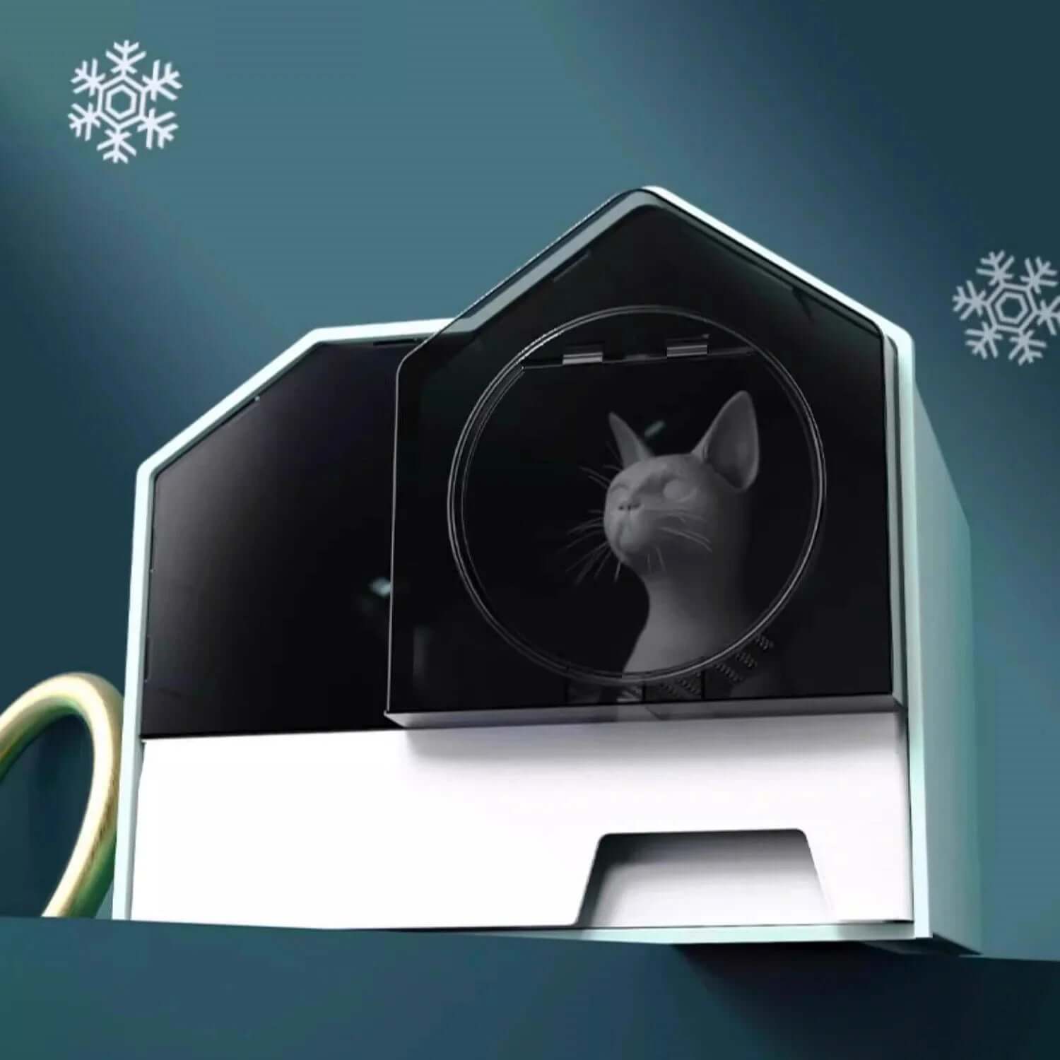 Modern cat litter box with sleek design, featuring a cozy cat inside, perfect for stylish pet homes.