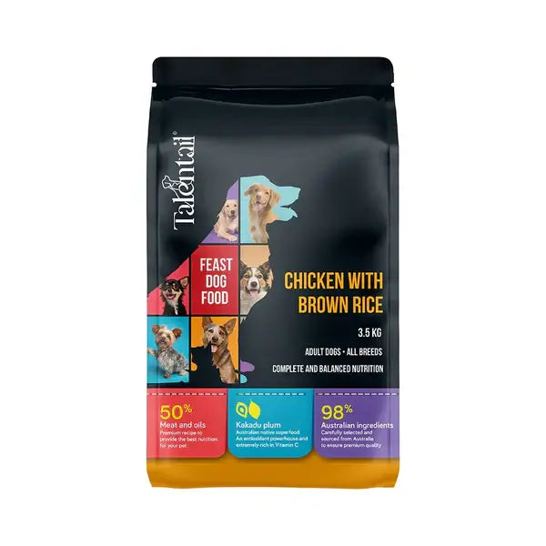 Talentail Chicken with Brown Rice Dog Dry Food packaging featuring kibble for adult dogs, Australian ingredients.