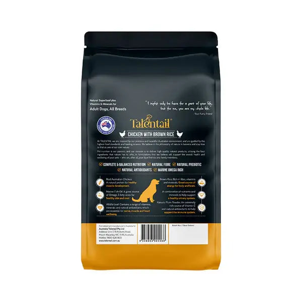 Talentail Chicken with Brown Rice Dog Dry Food package featuring kibble for adult dogs, high-quality ingredients.