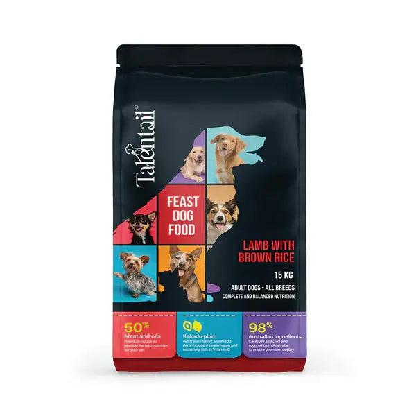 Talentail Lamb with Brown Rice Dog Dry Food package featuring colorful dog images and nutrition information.