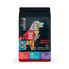Talentail Lamb with Brown Rice Dog Dry Food package featuring colorful dog images and nutrition information.