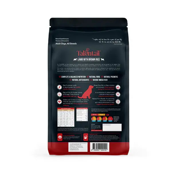Talentail Lamb with Brown Rice Dog Dry Food 15kg pack back view showing ingredients and nutritional information.