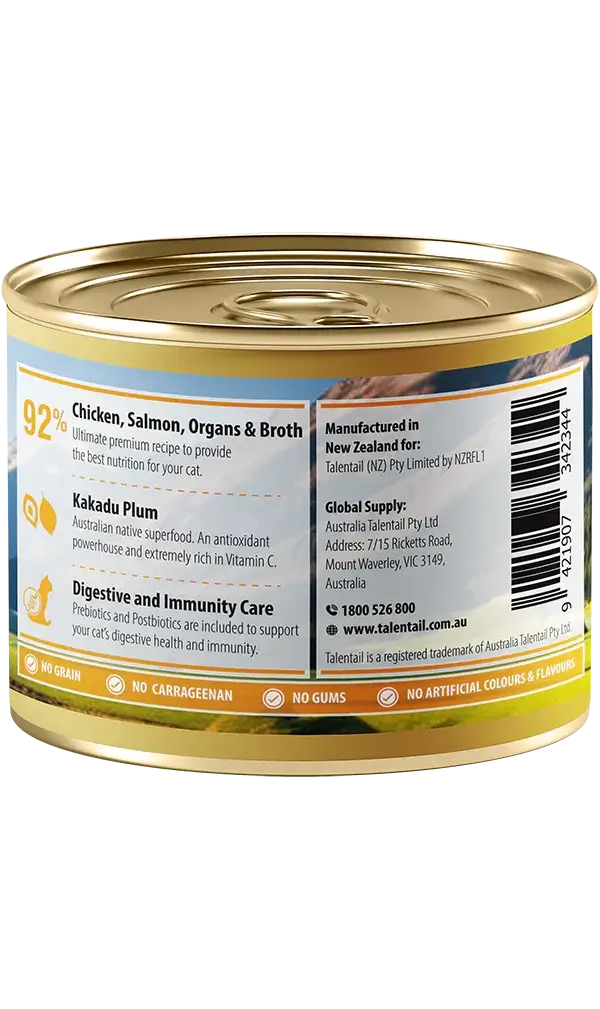 Talentail Ultimate New Zealand Chicken Cat Wet Food 180g can showing 92% meat content and premium ingredients.