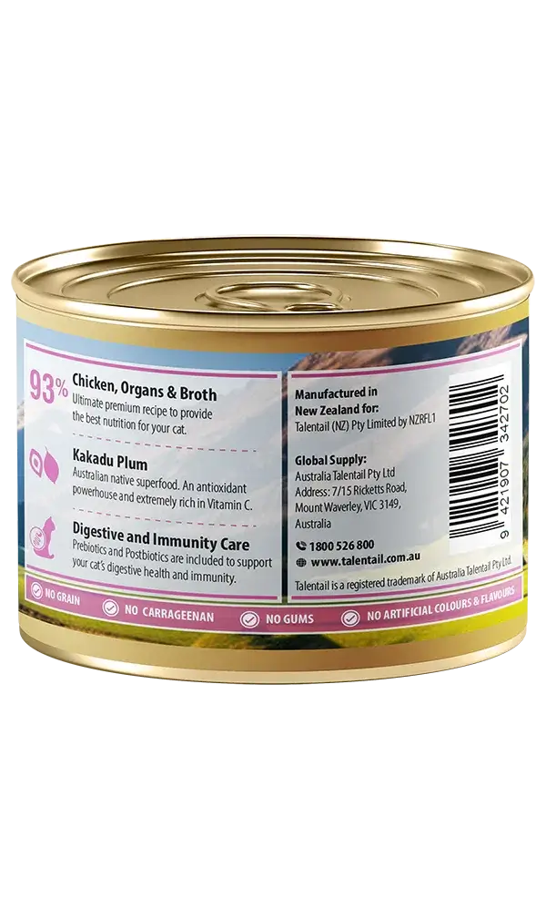 Talentail Ultimate New Zealand Chicken Mousse Cat Wet Food 180g can showing 93% chicken, organs & broth ingredients.