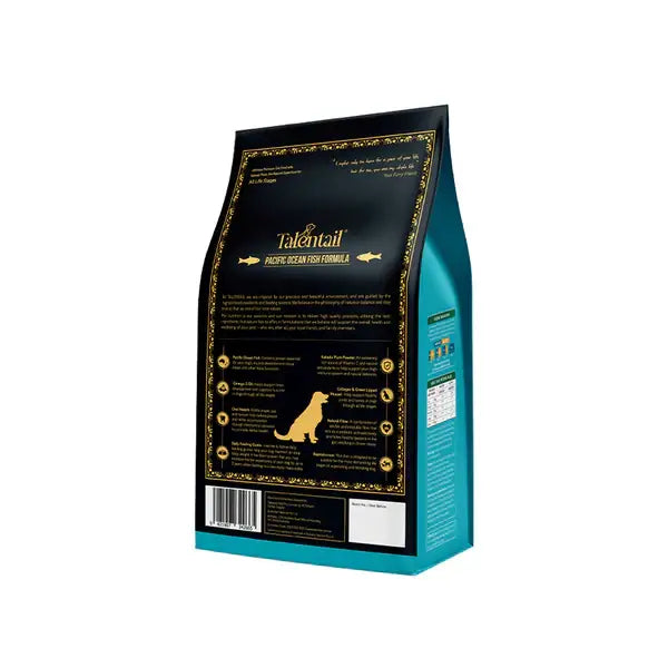Talentail Pacific Ocean Fish Dog Dry Food packaging back view with nutritional information.