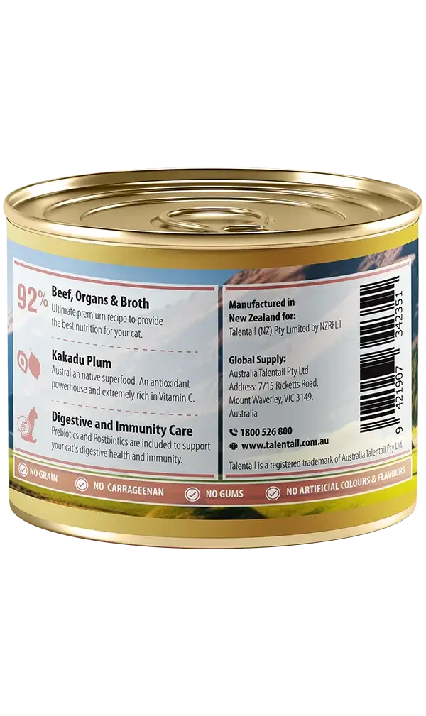 Talentail Ultimate New Zealand Beef Cat Wet Food 180g can showcasing premium ingredients and nutrition information.