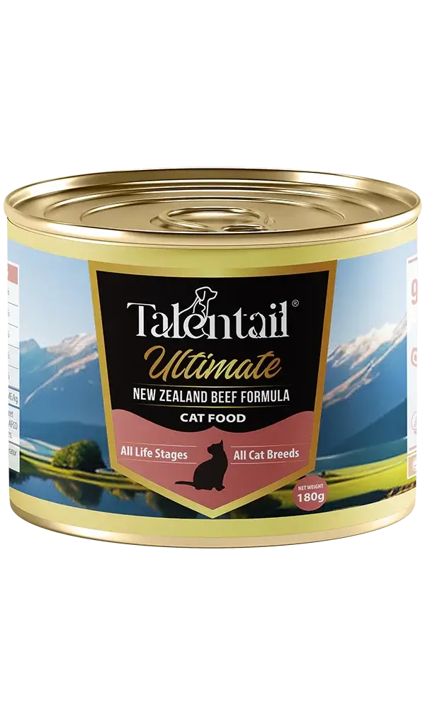 Talentail Ultimate New Zealand Beef Cat Wet Food 180g can, featuring premium beef formula for all cat breeds.