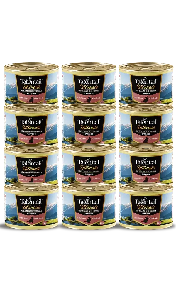 Talentail Ultimate New Zealand Beef Cat Wet Food 180g cans stacked in a display.