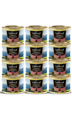 Talentail Ultimate New Zealand Beef Cat Wet Food 180g cans stacked in a display.