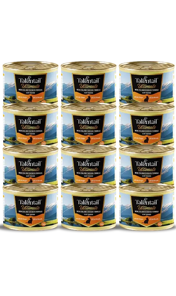 Talentail Ultimate New Zealand Chicken Cat Wet Food 180g cans stacked in a grid display.