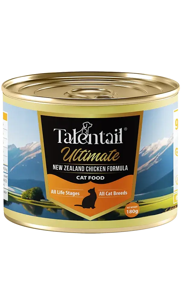 Talentail Ultimate New Zealand Chicken Cat Wet Food 180g can featuring premium chicken and scenic landscape.
