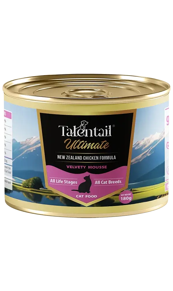 Talentail Ultimate New Zealand Chicken Mousse Cat Wet Food 180g in a sleek can packaging with scenic background.