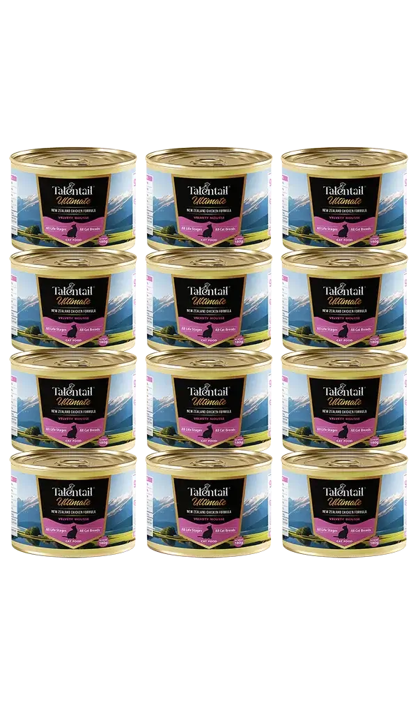 Talentail Ultimate New Zealand Chicken Mousse Cat Wet Food 180g packs stacked in a grid pattern.