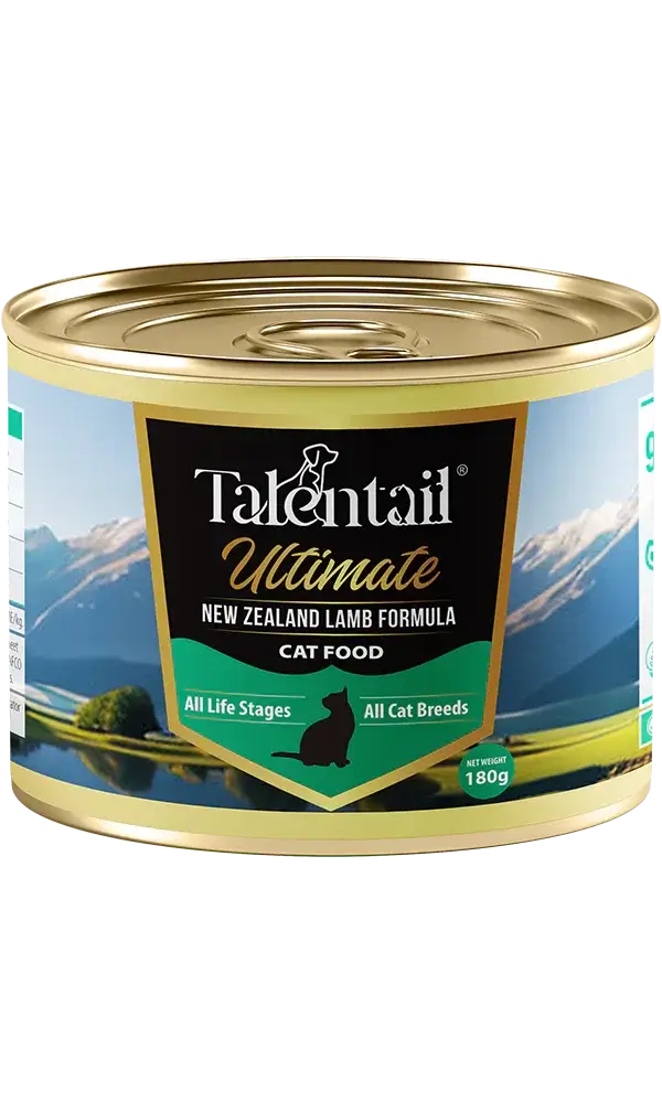 Talentail Ultimate New Zealand Lamb Cat Wet Food 180g can, featuring a scenic backdrop and nutritional information.