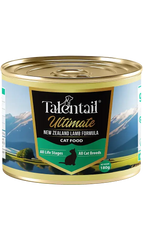 Talentail Ultimate New Zealand Lamb Cat Wet Food 180g can, featuring a scenic backdrop and nutritional information.
