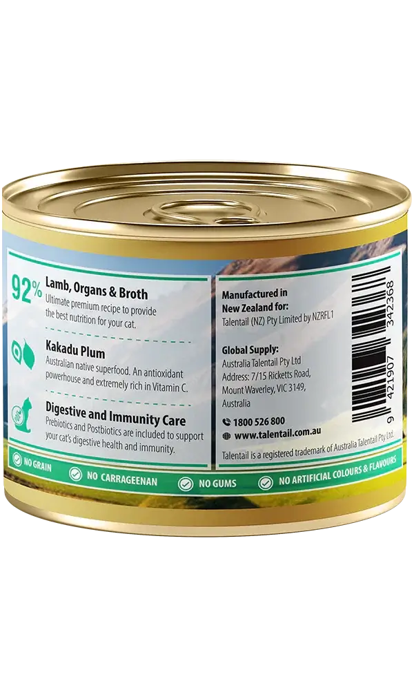 Talentail Ultimate New Zealand Lamb Cat Wet Food 180g can showing premium nutritious formula with 92% lamb, organs, and broth.