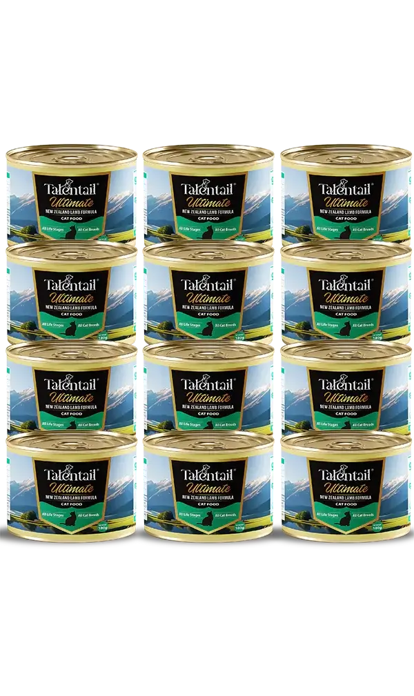 Talentail Ultimate New Zealand Lamb Cat Wet Food 180g stacked cans display for premium cat nutrition.