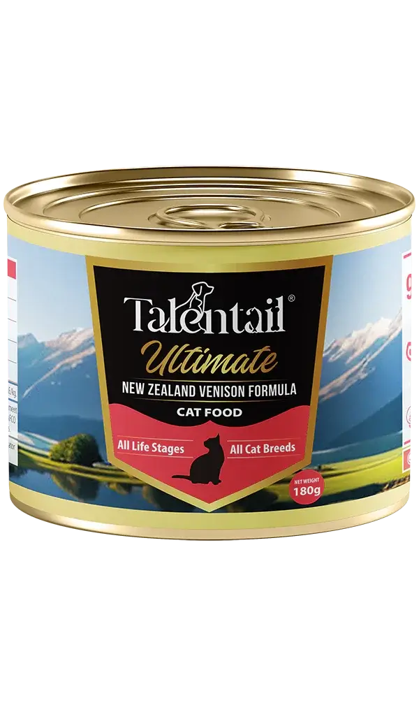 Talentail Ultimate New Zealand Venison Cat Wet Food 180g packaged in a can with landscape background.