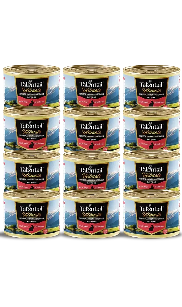 Talentail Ultimate New Zealand Venison Cat Wet Food 180g cans stacked in a display.