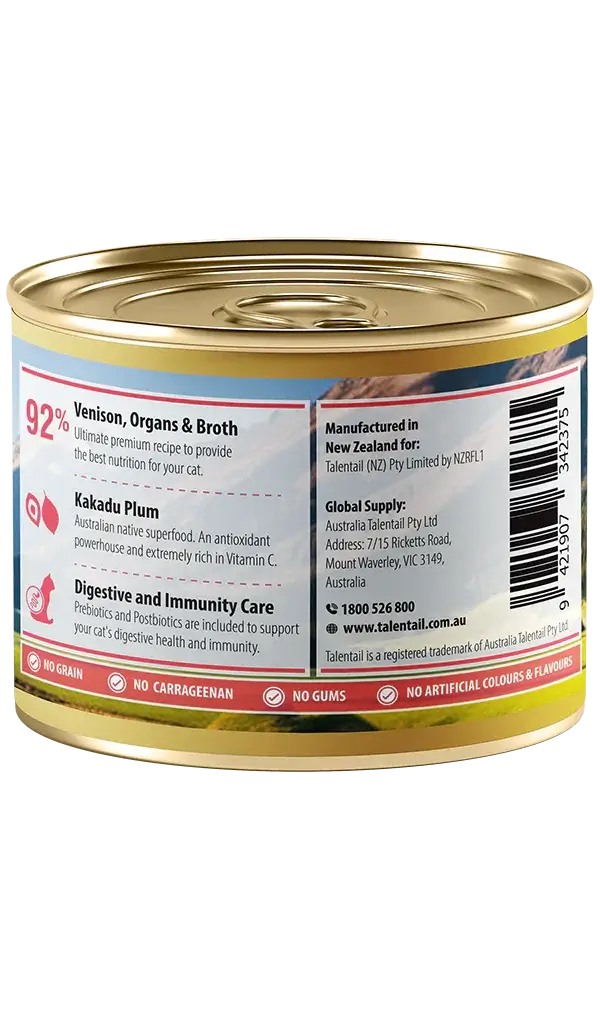 Talentail Ultimate New Zealand Venison Cat Wet Food 180g can with ingredients and nutritional benefits displayed.