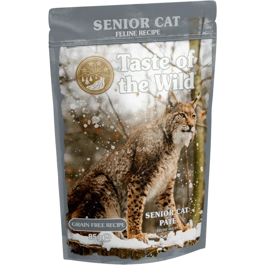 Taste of the Wild Grain-Free Senior Cat Recipe - Chicken Pate 85g x 12 Pack in a snow-covered forest setting.
