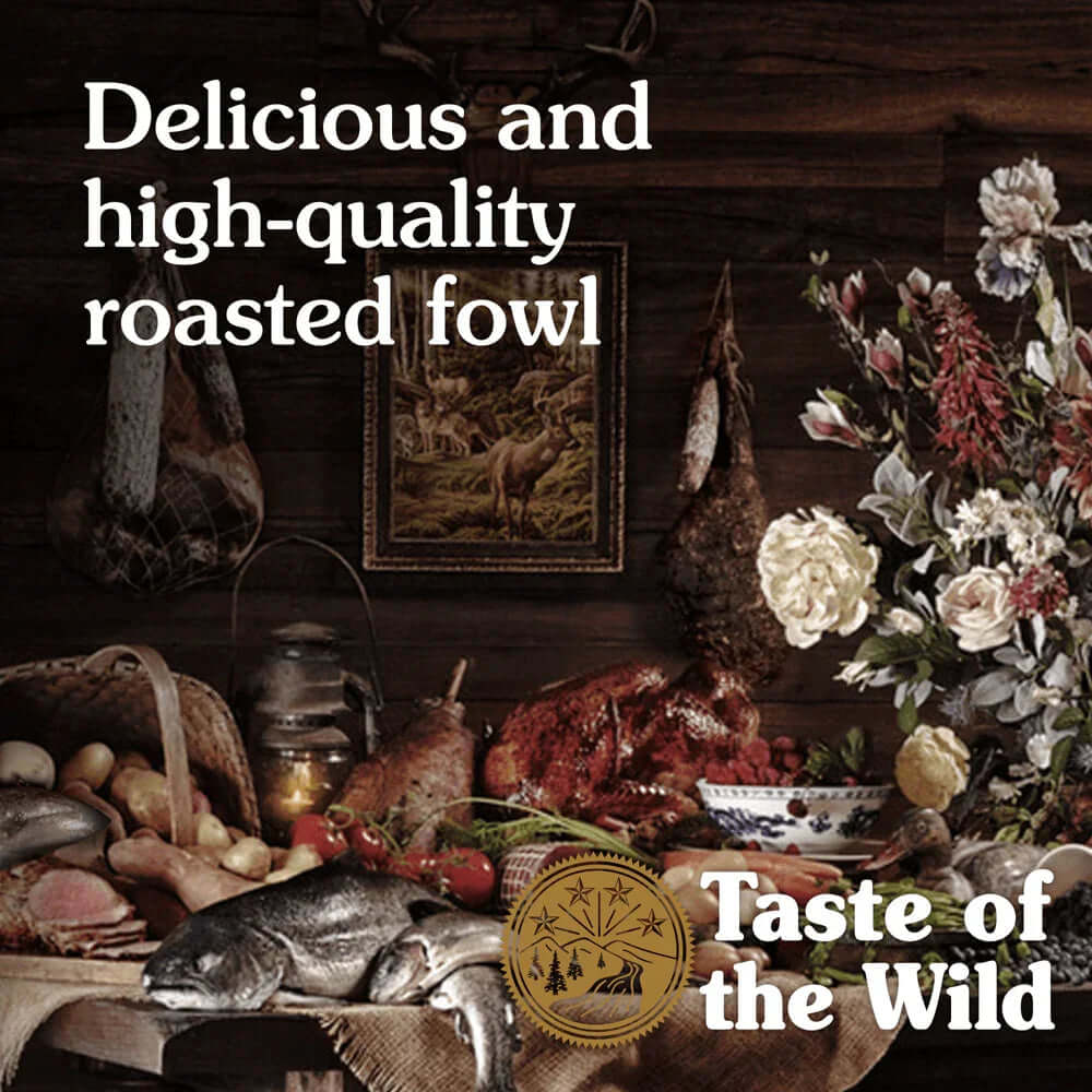 Taste of the Wild Wetlands Canine Grain-Free Dry Dog Food 12.2kg displayed with roasted fowl and fresh ingredients.