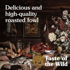 Taste of the Wild Wetlands Canine Grain-Free Dry Dog Food 12.2kg displayed with roasted fowl and fresh ingredients.