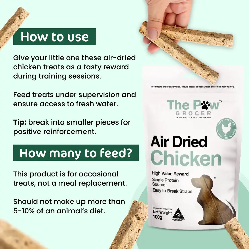 THE PAW GROCER Air-Dried Chicken Dog Training Straps 100g package with training tips and treat details.