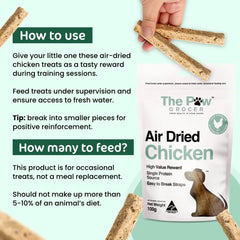 THE PAW GROCER Air-Dried Chicken Dog Training Straps 100g package with training tips and treat details.