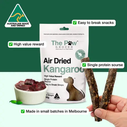 THE PAW GROCER Air-Dried Kangaroo Dog Training Straps 100g packaging with training straps and snacks.