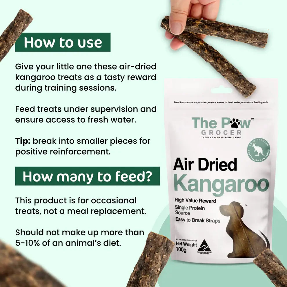 THE PAW GROCER Air-Dried Kangaroo Dog Training Straps 100g packaging with feeding instructions and usage tips.