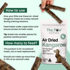 THE PAW GROCER Air-Dried Kangaroo Dog Training Straps 100g packaging with feeding instructions and usage tips.