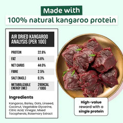 THE PAW GROCER Air-Dried Kangaroo Dog Training Straps 100g ingredients analysis with natural kangaroo protein.