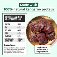 THE PAW GROCER Air-Dried Kangaroo Dog Training Straps 100g nutritional analysis and ingredients list.