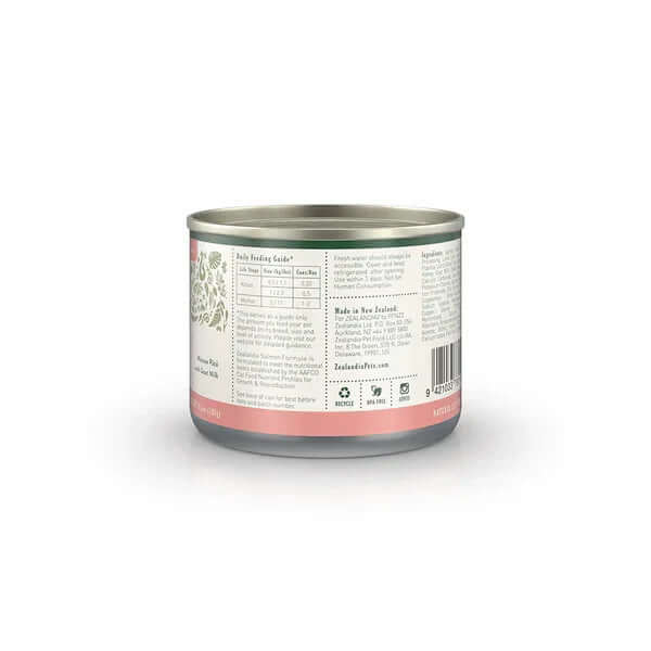 Zealandia Mousse Pate Salmon for Kitten & Mama - Grain-Free Wet Cat Food can showing nutrition details and feeding guide.