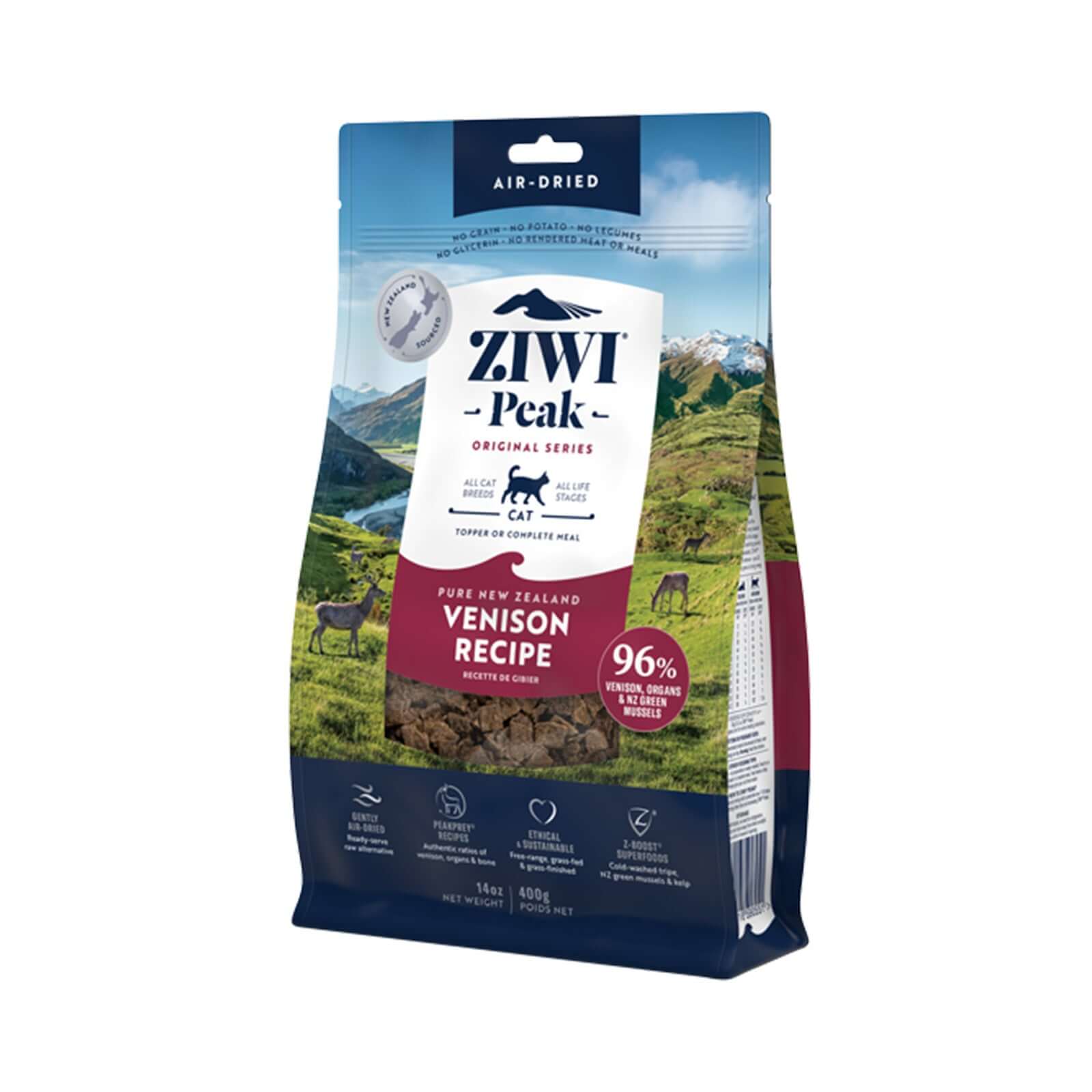 ZIWI Peak Air-Dried Venison Cat Food 400g packaging featuring New Zealand landscapes and venison details.