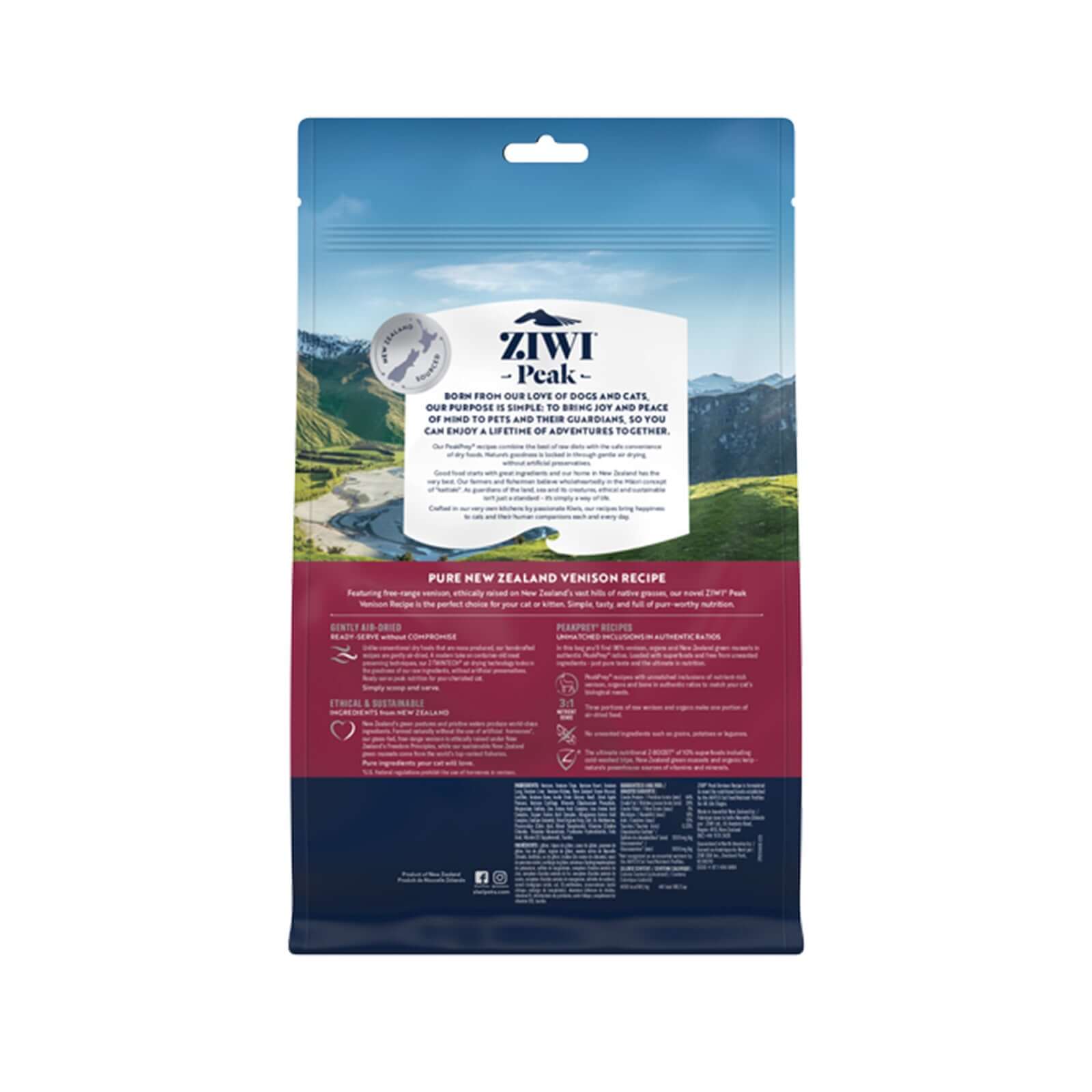ZIWI Peak Air-Dried Venison Cat Food 400g packaging featuring natural ingredients and nutritional information.