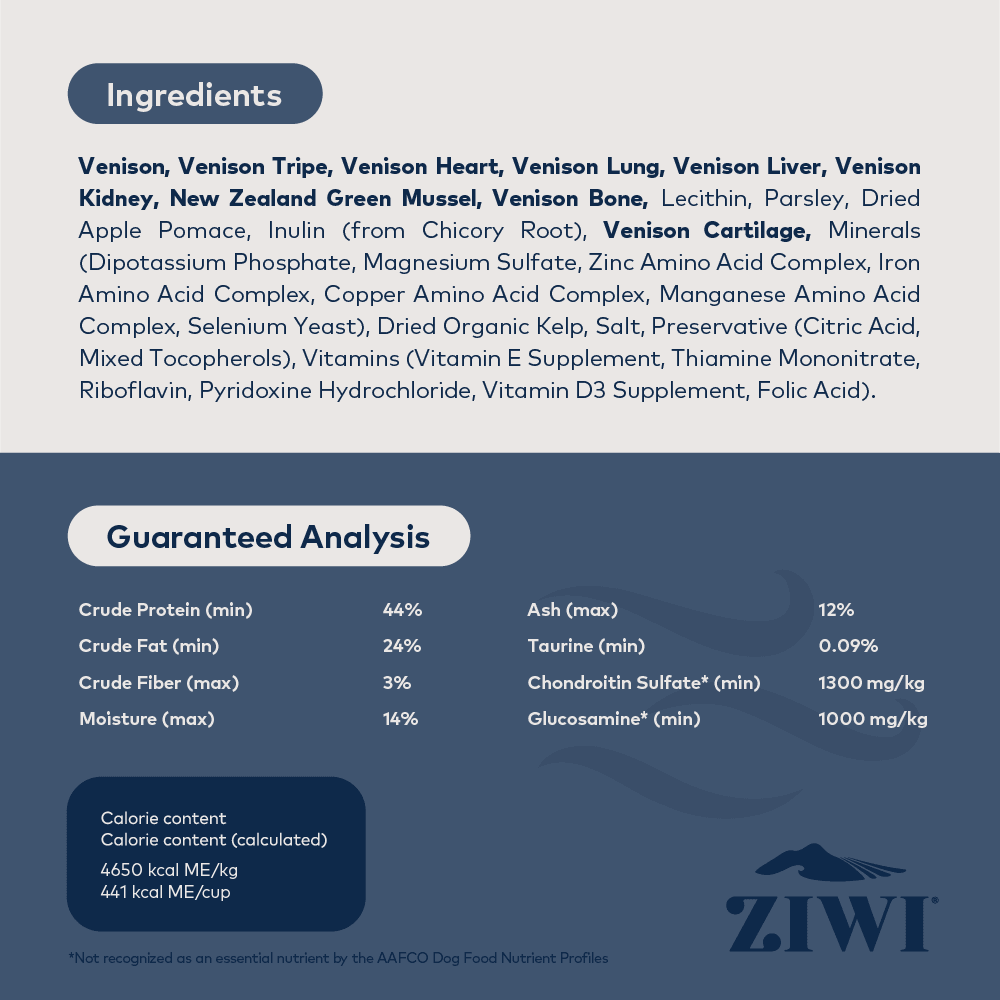 Ingredients and guaranteed analysis of ZIWI Peak Air-Dried Venison Cat Food 400g.