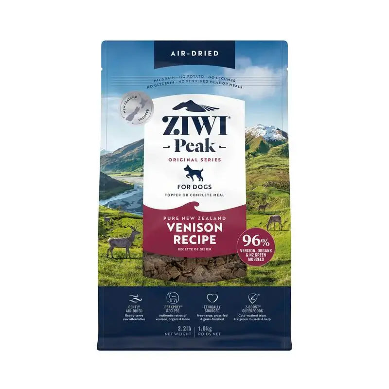 ZIWI Peak Air-Dried Venison Dog Food package featuring 96% free-range New Zealand venison recipe for dogs.