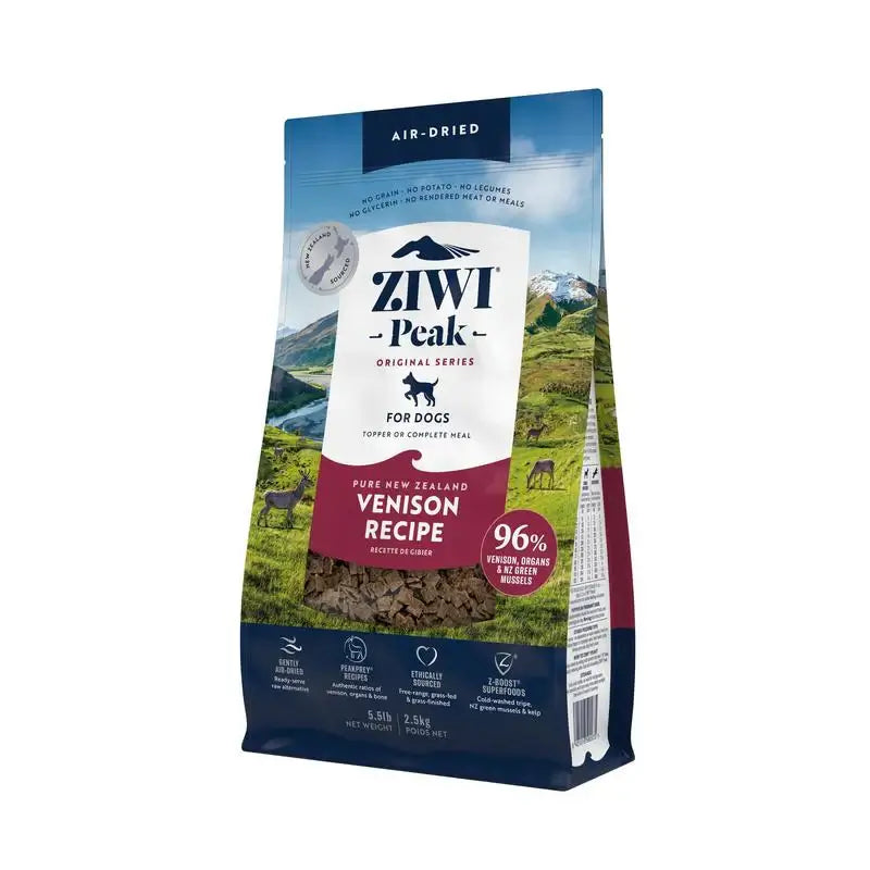 ZIWI Peak Air-Dried Venison Dog Food packaging showing 96% venison recipe for canine nutrition.