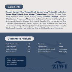 Ingredients and guaranteed analysis for ZIWI Peak Air-Dried Venison Dog Food.