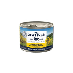 Ziwi Peak Chicken With Mackerel Fish Cat Wet Food can with logo and nutritional details.